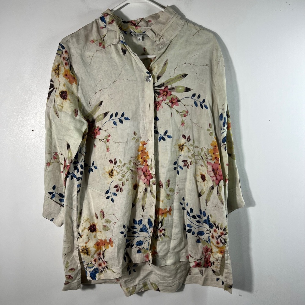 John Mark Linen Floral Button Tunic Stay‎ Collar Beige Pink Blue M 3/4 Sleeve